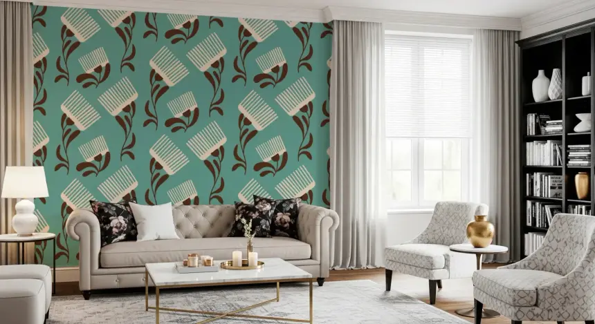 Mid Mod Wildflower Comb - Teal Beige Wallpaper