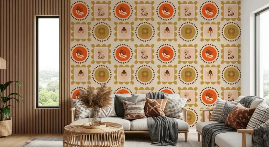 Terracotta Botanical Geometric Wallpaper Mid Century Modern