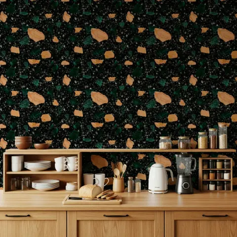Dark Terrazzo with Emerald and Ochre Stone Wallpaper