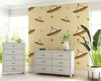 Playful UFO and Star Pattern Wallpaper for Kids