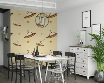 Playful UFO and Star Pattern Wallpaper for Kids