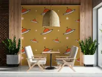 Mustard Retro UFO and Stars Pattern Wallpaper