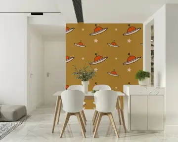 Mustard Retro UFO and Stars Pattern Wallpaper