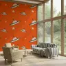 Playful UFO and Stars Pattern Orange Kids Wallpaper 3