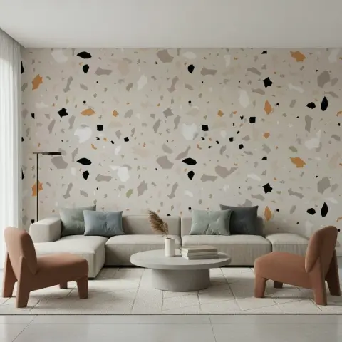 Earthy Ochre Terrazzo Chip Pattern Wallpaper