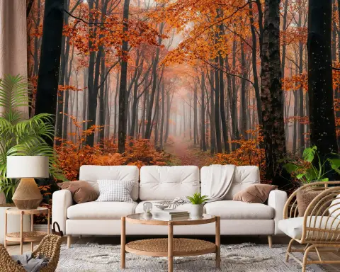 Misty Autumn Forest Path Wall Mural