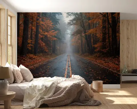 Misty Autumn Forest Road Scenic Wall Mural