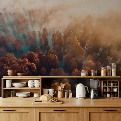 Misty Autumn Forest Aerial View Wallpaper