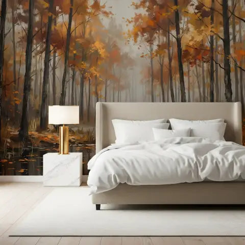 Misty Autumn Forest Lake Wall Mural