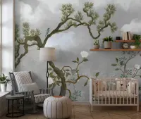 Misty Chinoiserie Pine Tree and Bird Wall Mural