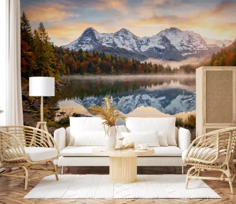 Misty Mountain Lake with Autumn Forest Reflection Wall Mural