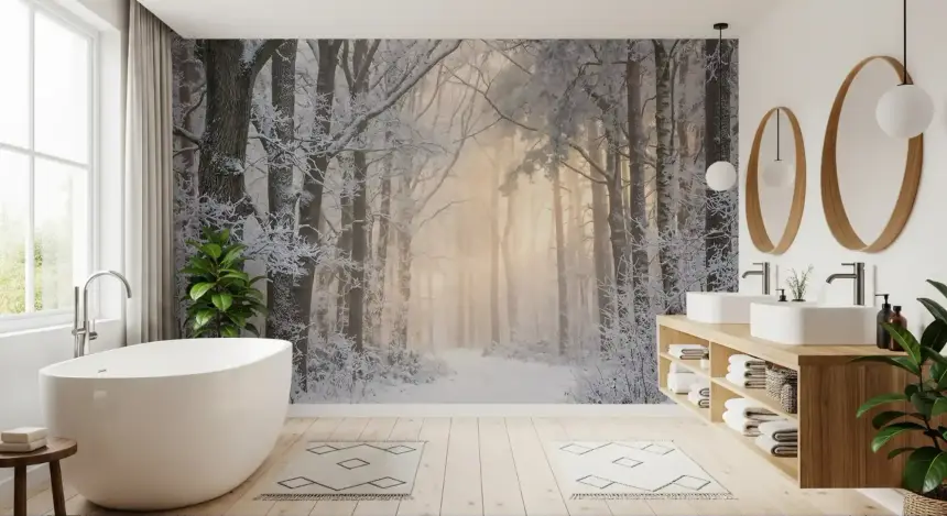 Misty Winter Forest Glow Wall Mural