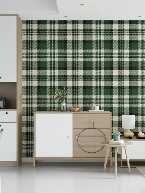 Modern Green and Beige Tartan Check Wallpaper