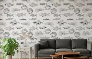 Minimalist Hand-Drawn Fish Pattern Wall Mural