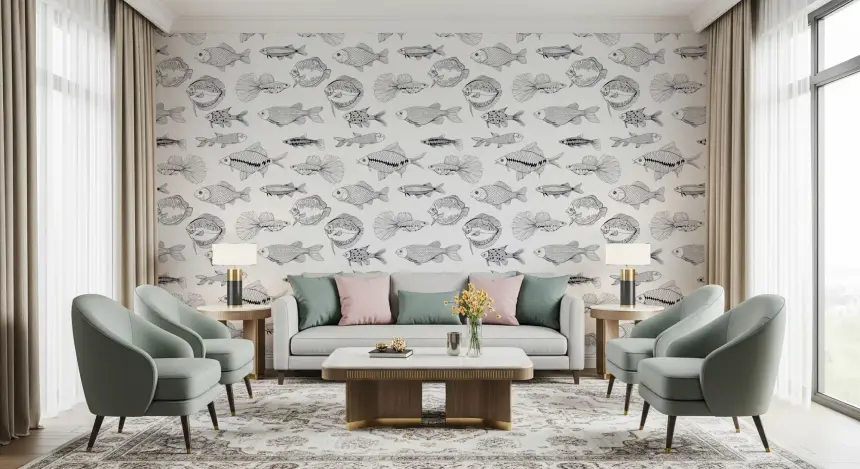 Modern Hand - Drawn Fish Line Art /Black and White Nautical Pattern Wallpaper