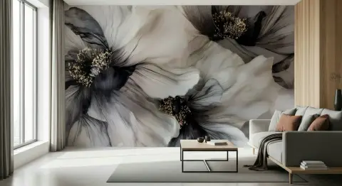 Flowing Monochrome Floral Wall Mural with Gold Stamen
