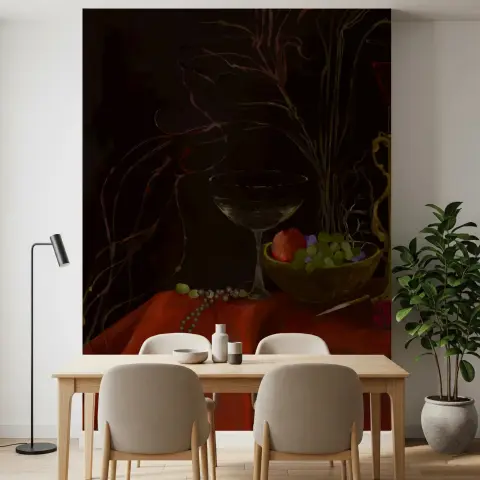 Dramatic Abstract Crimson Gold Strokes Wall Mural