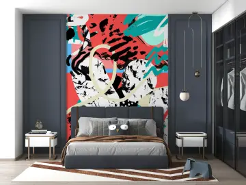 Dynamic Red Teal Black Graffiti Abstract Wall Mural
