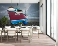 Coastal Fishing Boat Wall Mural with Dramatic Sky