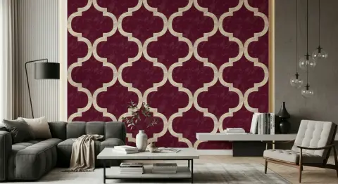 Textured Maroon & Gold Moroccan Ogee Wallpaper