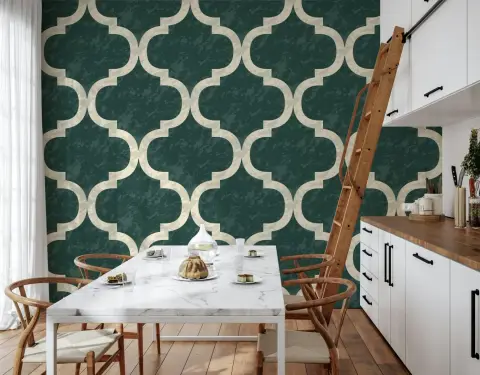 Elegant Ivy Green Moroccan Ogee Pattern Wallpaper