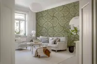 Textured Moss Green Fan Leaf Pattern Wall Mural