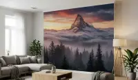 Rose Gold Sunset Mountain Pine Forest Wallpaper Mural