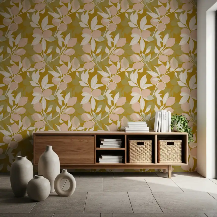 Mustard Lemon Wallpaper Mediterranean Kitchen Wallpaper