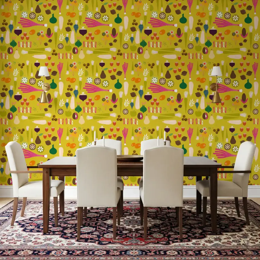 Mustard Vegetable Wallpaper Retro Kitchen Wallpaper