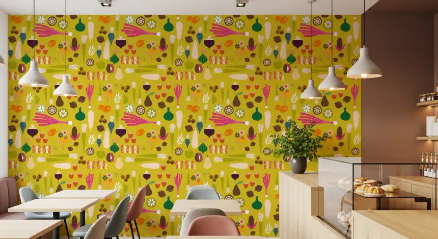 Mustard Vegetable Wallpaper Retro Kitchen Wallpaper