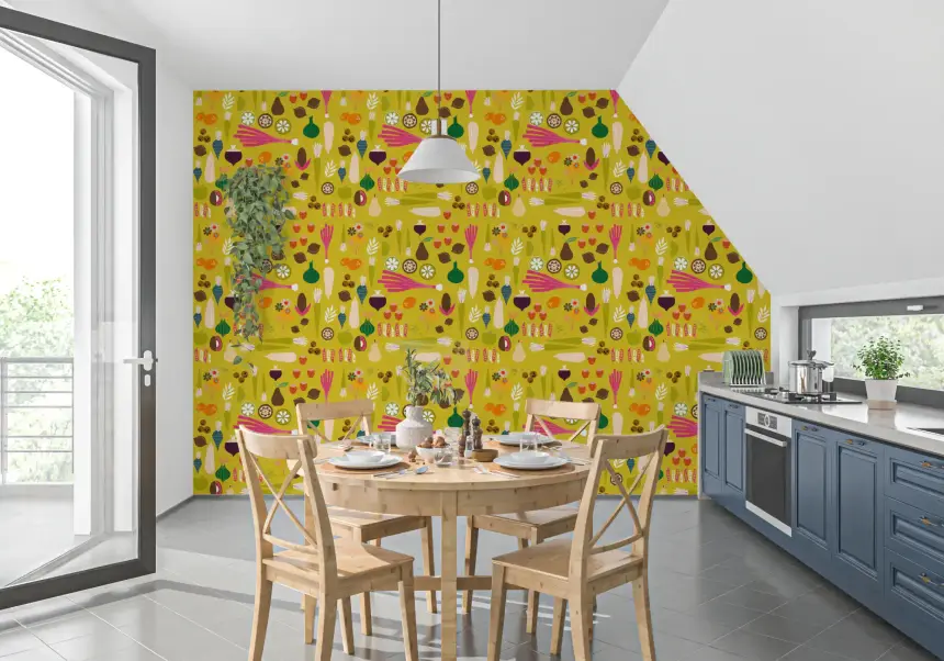 Mustard Vegetable Wallpaper Retro Kitchen Wallpaper