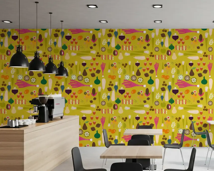 Mustard Vegetable Wallpaper Retro Kitchen Wallpaper