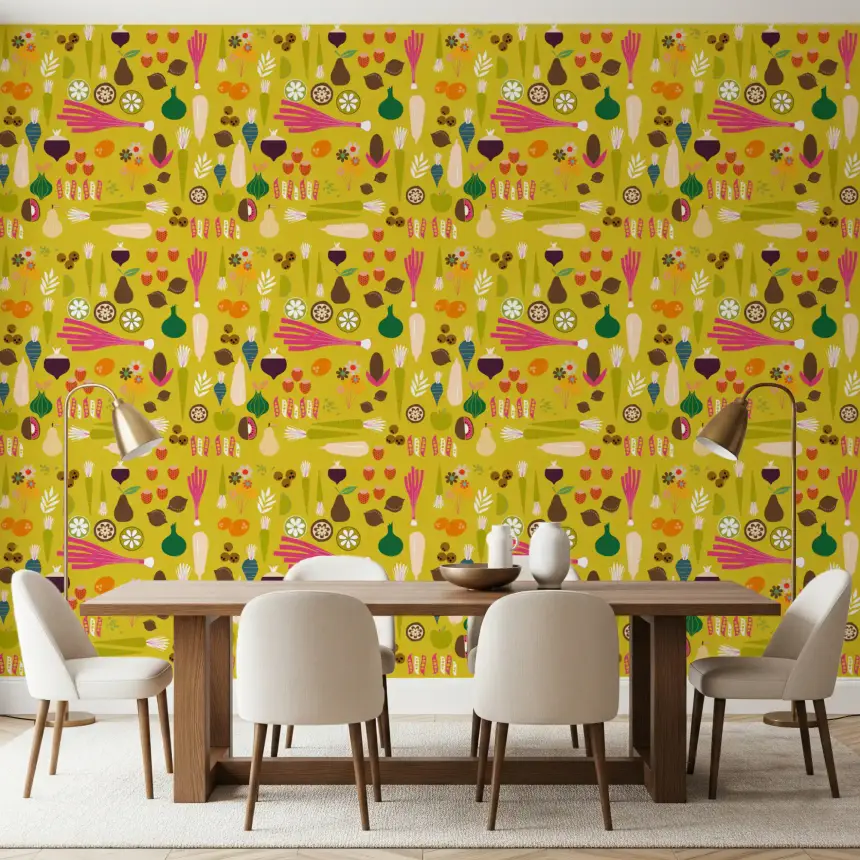 Mustard Vegetable Wallpaper Retro Kitchen Wallpaper