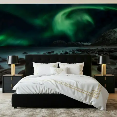 Mesmerizing Aurora Borealis Rocky Coast Wall Mural