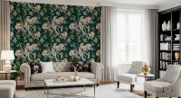 Elegant Emerald Floral Bird Pattern Wallpaper