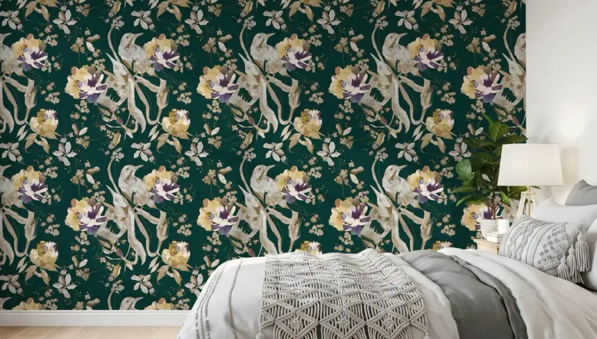 Navy Floral Bird Wallpaper