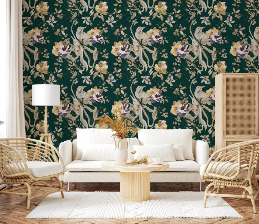 Navy Floral Bird Wallpaper