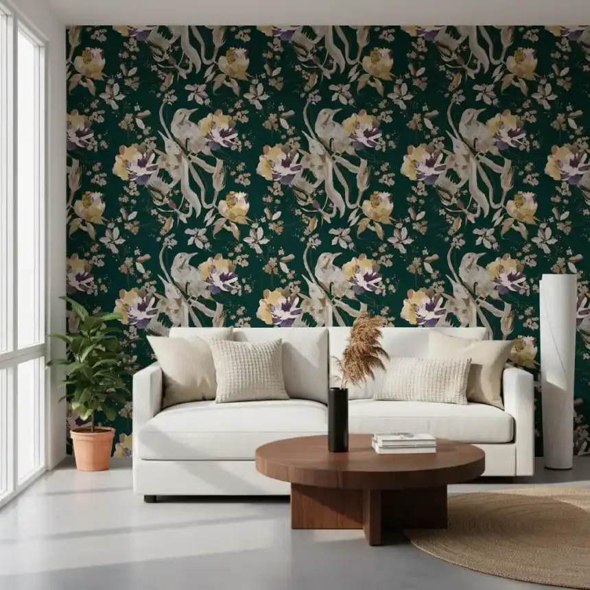 Navy Floral Bird Wallpaper