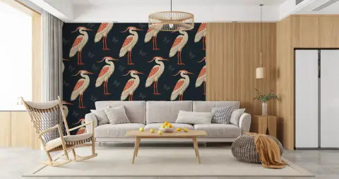 Chinoiserie Heron and Butterfly Wall Mural