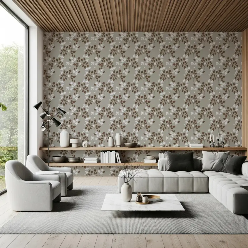 Neutral Bloom Rustic Grey White Oil Painted Pattern Wallpaper