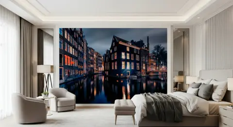 Amsterdam Canals Night Cityscape Wall Mural