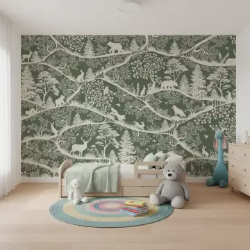 Whimsical Woodland Animals Green Wall Mural