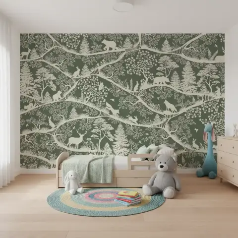 Whimsical Woodland Animals Green Wall Mural