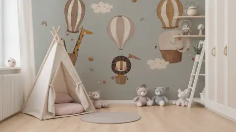 Jungle Animals Hot Air Balloon Wall Mural