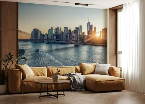 NYC Golden Hour Waterscape and Brooklyn Bridge Mural