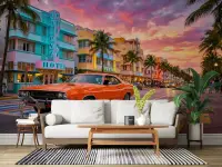 Vibrant Miami Art Deco Sunset Boulevard Wall Mural