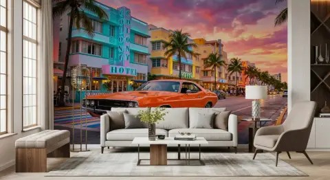 Vibrant Miami Art Deco Sunset Boulevard Wall Mural