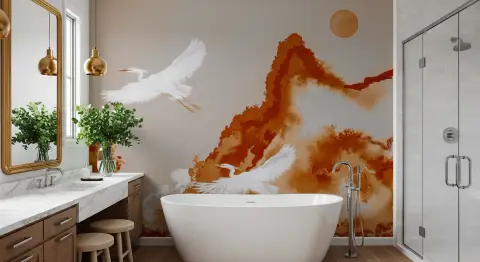 Serene Flying Cranes Ochre Landscape Wall Mural