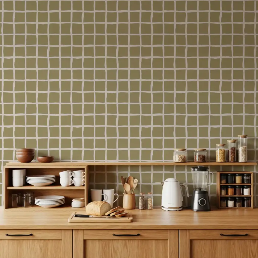 Olive Beige Green Grid Wallpaper Boho Coastal Wallpaper