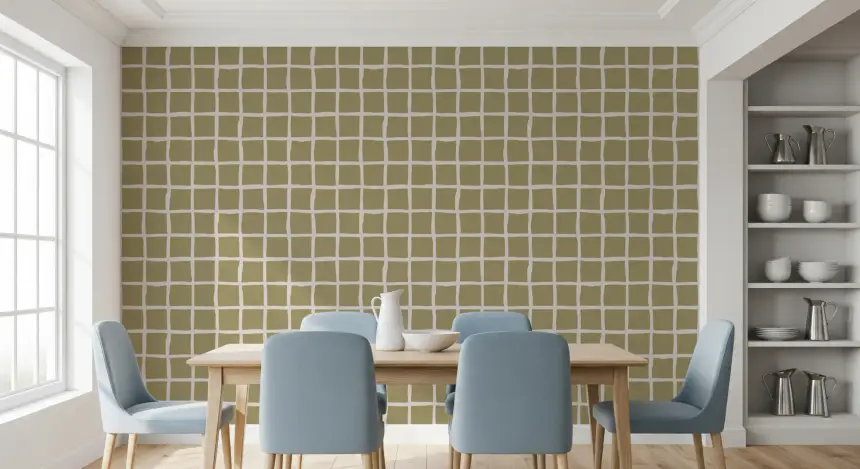 Olive Beige Green Grid Wallpaper Boho Coastal Wallpaper